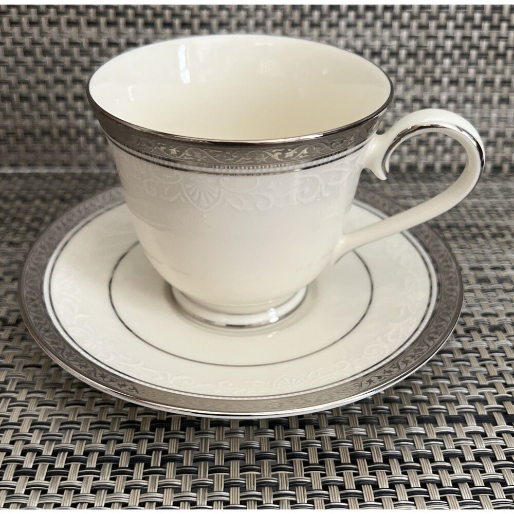 Noritake Ardmore Platinum 7601 Footed Cup & Saucer Set Retired Bone China New